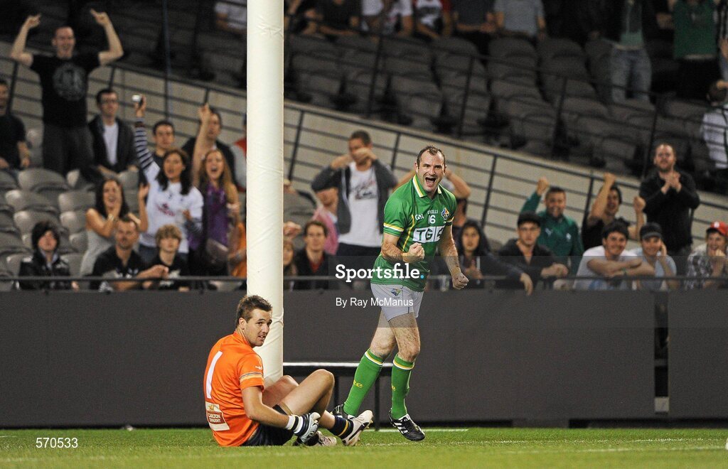 28 October 2011; Ireland's Steven McDonnell celebrates after scoring his side's goal. International Rules 1st Test, Australia v Ireland, Etihad Stadium, Melbourne, Australia. Picture credit: Ray McManus / SPORTSFILE