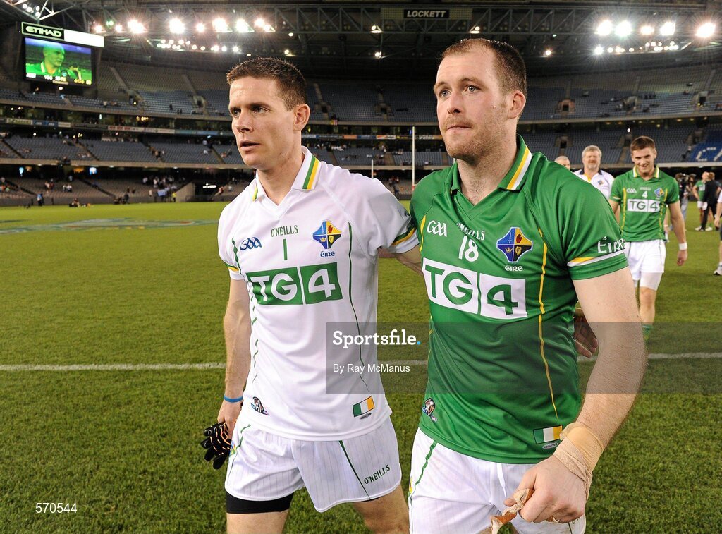 28 October 2011; The Ireland captain Stephen Cluxton, left, and vice-captain Ciaran McKeever leave the field arm in arm. International Rules 1st Test, Australia v Ireland, Etihad Stadium, Melbourne, Australia. Picture credit: Ray McManus / SPORTSFILE