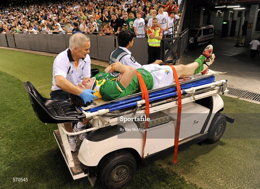 28 October 2011; Ireland's Emmet Bolton is removed from the field on a stretcher. International Rules 1st Test, Australia v Ireland, Etihad Stadium, Melbourne, Australia. Picture credit: Ray McManus / SPORTSFILE