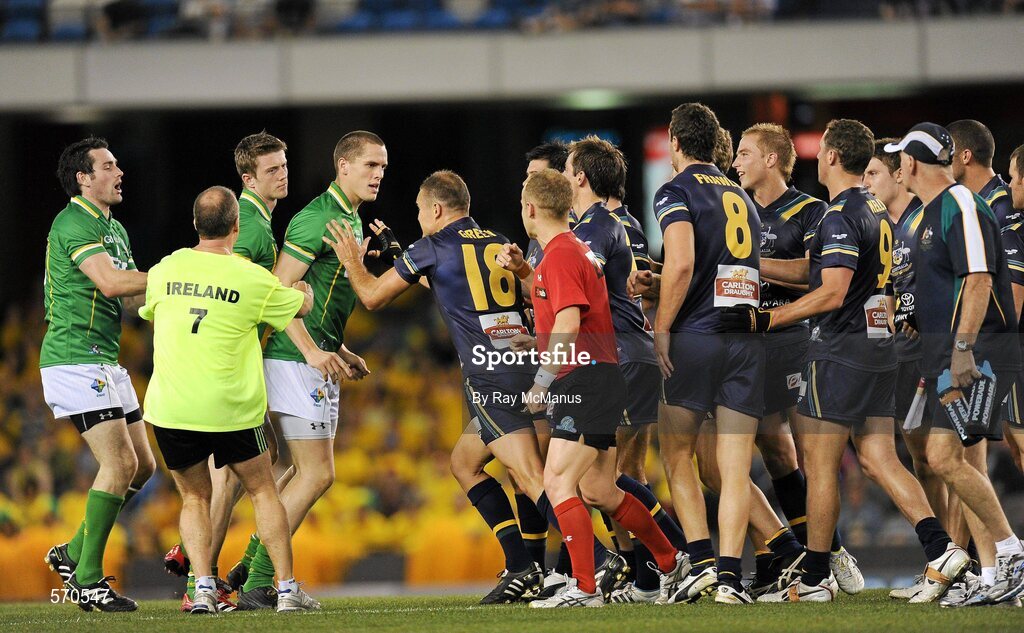 28 October 2011; Players from Ireland and Australia become involved in a bit of pushing and shoving during the game. International Rules 1st Test, Australia v Ireland, Etihad Stadium, Melbourne, Australia. Picture credit: Ray McManus / SPORTSFILE