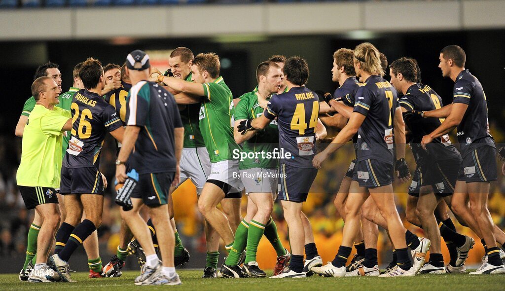 28 October 2011; Players from Ireland and Australia get into a bit of a tangle during the game. International Rules 1st Test, Australia v Ireland, Etihad Stadium, Melbourne, Australia. Picture credit: Ray McManus / SPORTSFILE