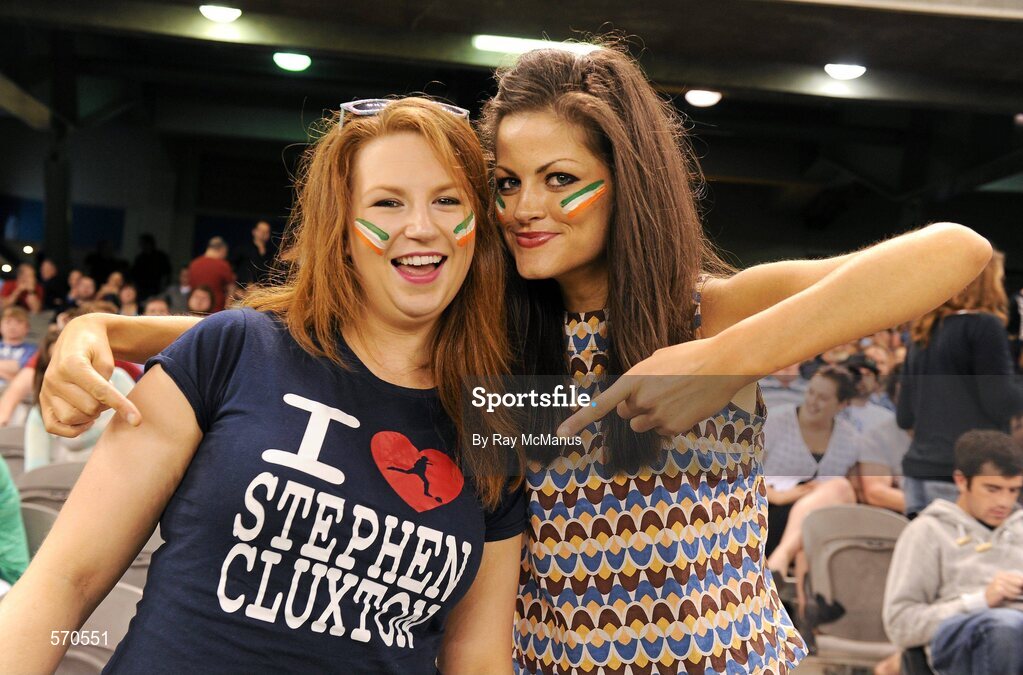 28 October 2011; Ireland supporters Emer Murphy, from Calry, Co. Sligo, and Samanta Connolly, from Ballydoogan, Co. Sligo, at the game. International Rules 1st Test, Australia v Ireland, Etihad Stadium, Melbourne, Australia. Picture credit: Ray McManus / SPORTSFILE