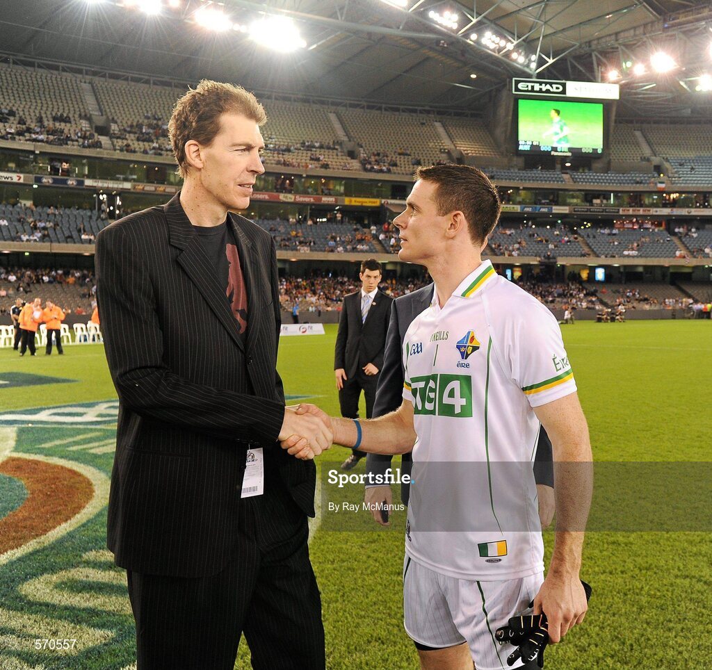 28 October 2011; The Ireland captain Stephen Cluxton greets Jim Stynes before the game. International Rules 1st Test, Australia v Ireland, Etihad Stadium, Melbourne, Australia. Picture credit: Ray McManus / SPORTSFILE