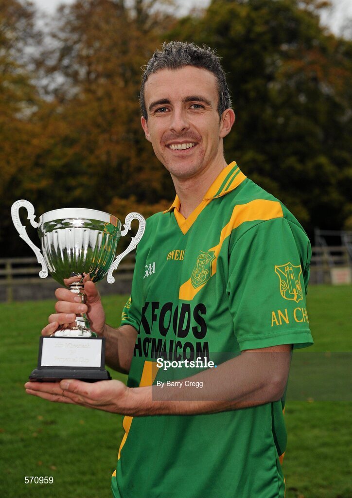 30 October 2011; Kill captain Ronan Kelly with the trophy after the game. Intermediate B Championship Final, Kill v Confey, Naas GAA Ground, Co. Kildare. Picture credit: Barry Cregg / SPORTSFILE