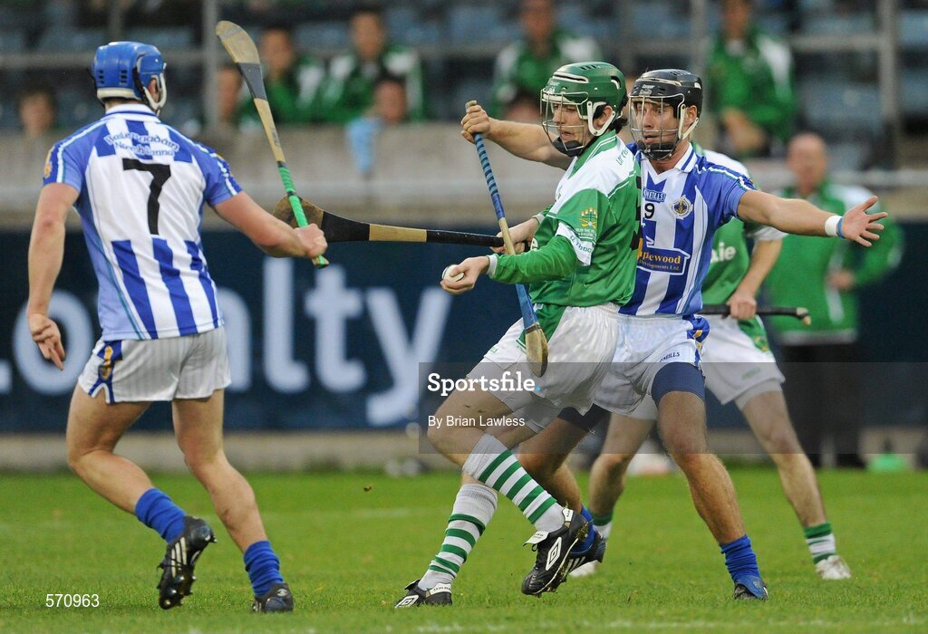 30 October 2011; Andrew Morris, O'Toole's, in action against Shane Durkin and Dean Curran, left, Ballyboden St. Enda's. Dublin County Senior Huling Championship Final, Ballyboden St Enda's v O'Toole's, Parnell Park, Dublin. Picture credit: Brian Lawless / SPORTSFILE