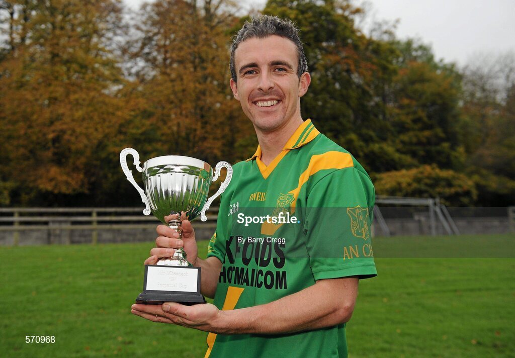 30 October 2011; Kill captain Ronan Kelly with the trophy after the game. Intermediate B Championship Final, Kill v Confey, Naas GAA Ground, Co. Kildare. Picture credit: Barry Cregg / SPORTSFILE