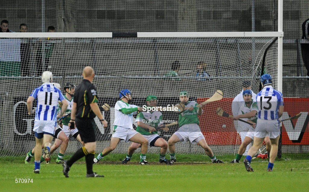 30 October 2011; The O'Toole's players fail to stop the free of Paul Ryan, Ballyboden St. Enda's, for the second goal. Dublin County Senior Huling Championship Final, Ballyboden St Enda's v O'Toole's, Parnell Park, Dublin. Picture credit: Brian Lawless / SPORTSFILE