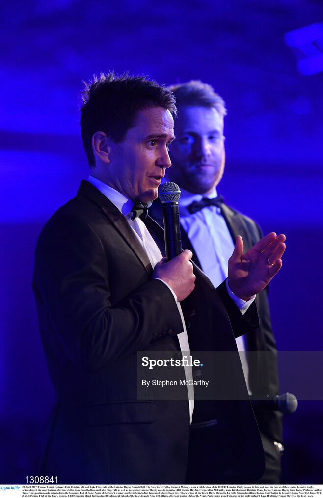 29 April 2017; Former Leinster players Eóin Reddan, left, and Luke Fitzgerald at the Leinster Rugby Awards Ball. The Awards, MC’d by Darragh Maloney, were a celebration of the 2016/17 Leinster Rugby season to date and over the course of the evening Leinster Rugby acknowledged the contributions of retirees Mike Ross, Eóin Reddan and Luke Fitzgerald as well as presenting Leinster Rugby caps to departees Bill Dardis, Hayden Triggs, Mike McCarthy, Zane Kirchner and Dominic Ryan. Former Leinster Rugby team doctor Professor Arthur Tanner was posthumously inducted into the Guinness Hall of Fame. Some of the Award winners on the night included; Gonzaga College (Deep River Rock School of the Year), David Hicks, De La Salle Palmerston (Beauchamps Contribution to Leinster Rugby Award), Clontarf FC (CityJet Senior Club of the Year), Coláiste Chill Mhantáin (Irish Independent Development School of the Year Award), Athy RFC (Bank of Ireland Junior Club of the Year). Professional award winners on the night included Laya Healthcare Young Player of the Year - Joey Carbery, Life Style Sports Supporters Player of the Year - Isa Nacewa, Canterbury Tackle of the Year – Isa Nacewa, Irish Independnet Try of the Year – Adam Byrne and Bank of Ireland Players’ Player of the Year – Luke McGrath. Clayton Hotel, Burlington Road, Dublin 4. Photo by Stephen McCarthy/Sportsfile