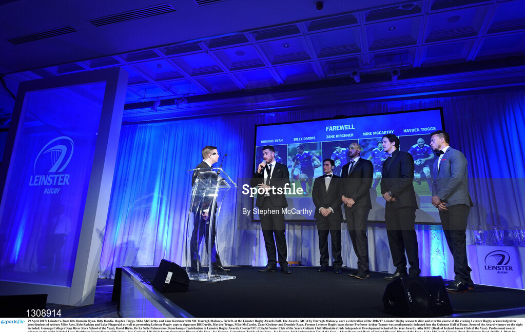 29 April 2017; Leinster's, from left, Dominic Ryan, Billy Dardis, Hayden Triggs, Mike McCarthy and Zane Kirchner with MC Darragh Maloney, far left, at the Leinster Rugby Awards Ball. The Awards, MC’d by Darragh Maloney, were a celebration of the 2016/17 Leinster Rugby season to date and over the course of the evening Leinster Rugby acknowledged the contributions of retirees Mike Ross, Eóin Reddan and Luke Fitzgerald as well as presenting Leinster Rugby caps to departees Bill Dardis, Hayden Triggs, Mike McCarthy, Zane Kirchner and Dominic Ryan. Former Leinster Rugby team doctor Professor Arthur Tanner was posthumously inducted into the Guinness Hall of Fame. Some of the Award winners on the night included; Gonzaga College (Deep River Rock School of the Year), David Hicks, De La Salle Palmerston (Beauchamps Contribution to Leinster Rugby Award), Clontarf FC (CityJet Senior Club of the Year), Coláiste Chill Mhantáin (Irish Independent Development School of the Year Award), Athy RFC (Bank of Ireland Junior Club of the Year). Professional award winners on the night included Laya Healthcare Young Player of the Year - Joey Carbery, Life Style Sports Supporters Player of the Year - Isa Nacewa, Canterbury Tackle of the Year – Isa Nacewa, Irish Independnet Try of the Year – Adam Byrne and Bank of Ireland Players’ Player of the Year – Luke McGrath. Clayton Hotel, Burlington Road, Dublin 4. Photo by Stephen McCarthy/Sportsfile