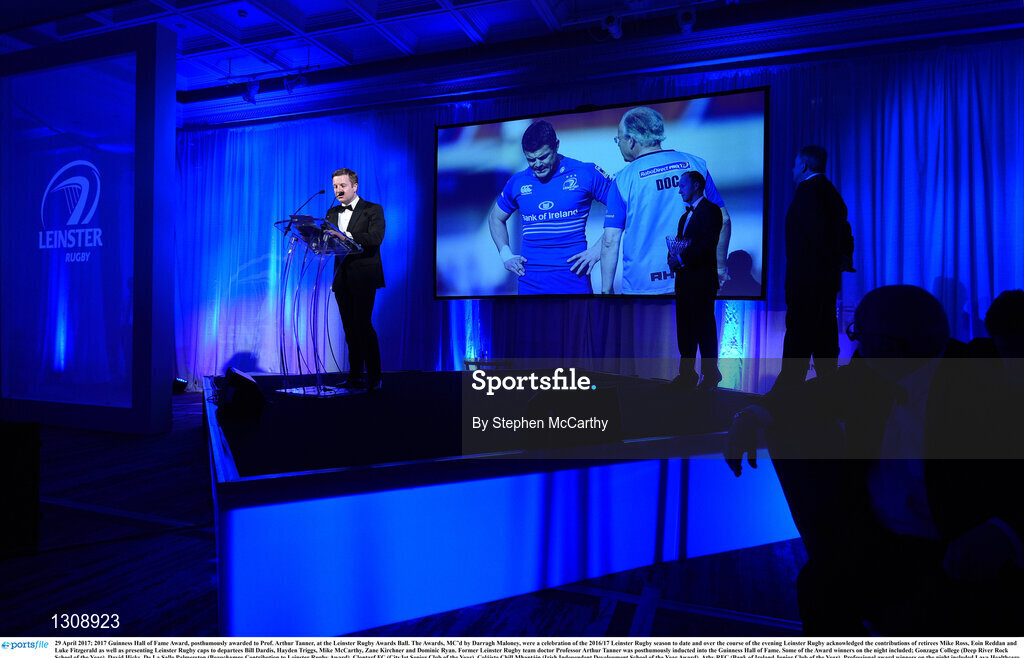 29 April 2017; 2017 Guinness Hall of Fame Award, posthumously awarded to Prof. Arthur Tanner, at the Leinster Rugby Awards Ball. The Awards, MC’d by Darragh Maloney, were a celebration of the 2016/17 Leinster Rugby season to date and over the course of the evening Leinster Rugby acknowledged the contributions of retirees Mike Ross, Eóin Reddan and Luke Fitzgerald as well as presenting Leinster Rugby caps to departees Bill Dardis, Hayden Triggs, Mike McCarthy, Zane Kirchner and Dominic Ryan. Former Leinster Rugby team doctor Professor Arthur Tanner was posthumously inducted into the Guinness Hall of Fame. Some of the Award winners on the night included; Gonzaga College (Deep River Rock School of the Year), David Hicks, De La Salle Palmerston (Beauchamps Contribution to Leinster Rugby Award), Clontarf FC (CityJet Senior Club of the Year), Coláiste Chill Mhantáin (Irish Independent Development School of the Year Award), Athy RFC (Bank of Ireland Junior Club of the Year). Professional award winners on the night included Laya Healthcare Young Player of the Year - Joey Carbery, Life Style Sports Supporters Player of the Year - Isa Nacewa, Canterbury Tackle of the Year – Isa Nacewa, Irish Independnet Try of the Year – Adam Byrne and Bank of Ireland Players’ Player of the Year – Luke McGrath. Clayton Hotel, Burlington Road, Dublin 4. Photo by Stephen McCarthy/Sportsfile