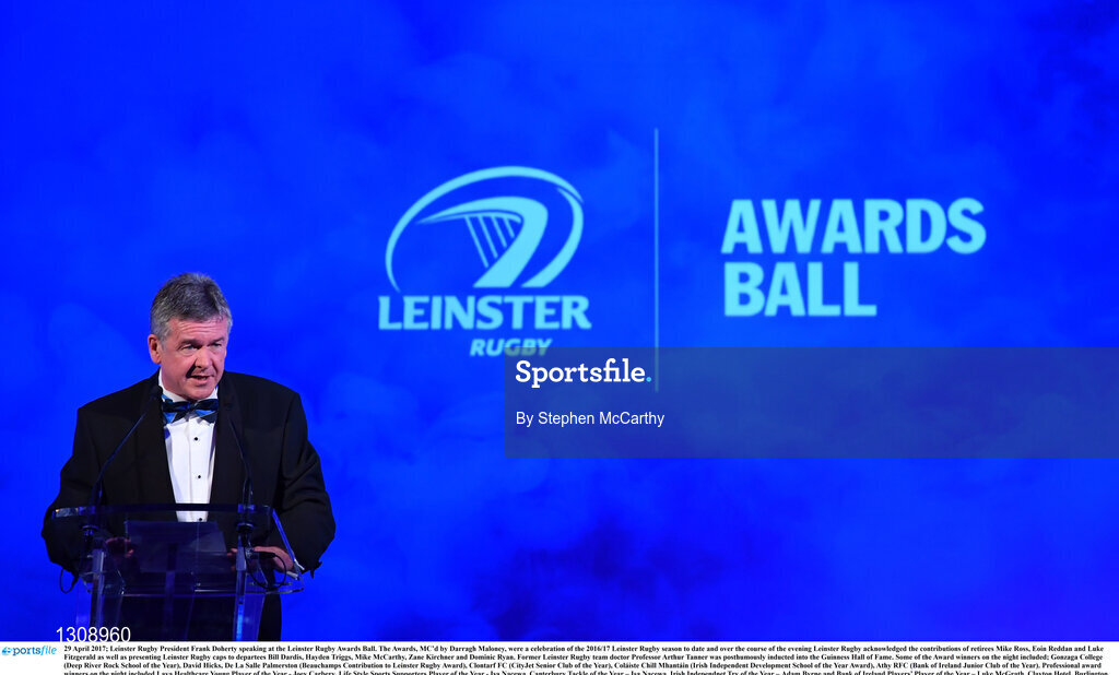 29 April 2017; Leinster Rugby President Frank Doherty speaking at the Leinster Rugby Awards Ball. The Awards, MC’d by Darragh Maloney, were a celebration of the 2016/17 Leinster Rugby season to date and over the course of the evening Leinster Rugby acknowledged the contributions of retirees Mike Ross, Eóin Reddan and Luke Fitzgerald as well as presenting Leinster Rugby caps to departees Bill Dardis, Hayden Triggs, Mike McCarthy, Zane Kirchner and Dominic Ryan. Former Leinster Rugby team doctor Professor Arthur Tanner was posthumously inducted into the Guinness Hall of Fame. Some of the Award winners on the night included; Gonzaga College (Deep River Rock School of the Year), David Hicks, De La Salle Palmerston (Beauchamps Contribution to Leinster Rugby Award), Clontarf FC (CityJet Senior Club of the Year), Coláiste Chill Mhantáin (Irish Independent Development School of the Year Award), Athy RFC (Bank of Ireland Junior Club of the Year). Professional award winners on the night included Laya Healthcare Young Player of the Year - Joey Carbery, Life Style Sports Supporters Player of the Year - Isa Nacewa, Canterbury Tackle of the Year – Isa Nacewa, Irish Independnet Try of the Year – Adam Byrne and Bank of Ireland Players’ Player of the Year – Luke McGrath. Clayton Hotel, Burlington Road, Dublin 4. Photo by Stephen McCarthy/Sportsfile