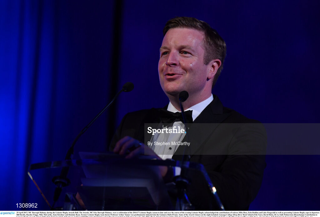 29 April 2017; MC Darragh Maloney during the Leinster Rugby Awards Ball. The Awards, MC’d by Darragh Maloney, were a celebration of the 2016/17 Leinster Rugby season to date and over the course of the evening Leinster Rugby acknowledged the contributions of retirees Mike Ross, Eóin Reddan and Luke Fitzgerald as well as presenting Leinster Rugby caps to departees Bill Dardis, Hayden Triggs, Mike McCarthy, Zane Kirchner and Dominic Ryan. Former Leinster Rugby team doctor Professor Arthur Tanner was posthumously inducted into the Guinness Hall of Fame. Some of the Award winners on the night included; Gonzaga College (Deep River Rock School of the Year), David Hicks, De La Salle Palmerston (Beauchamps Contribution to Leinster Rugby Award), Clontarf FC (CityJet Senior Club of the Year), Coláiste Chill Mhantáin (Irish Independent Development School of the Year Award), Athy RFC (Bank of Ireland Junior Club of the Year). Professional award winners on the night included Laya Healthcare Young Player of the Year - Joey Carbery, Life Style Sports Supporters Player of the Year - Isa Nacewa, Canterbury Tackle of the Year – Isa Nacewa, Irish Independnet Try of the Year – Adam Byrne and Bank of Ireland Players’ Player of the Year – Luke McGrath. Clayton Hotel, Burlington Road, Dublin 4. Photo by Stephen McCarthy/Sportsfile