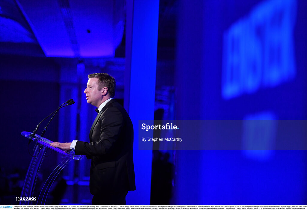 29 April 2017; MC Darragh Maloney during the Leinster Rugby Awards Ball. The Awards, MC’d by Darragh Maloney, were a celebration of the 2016/17 Leinster Rugby season to date and over the course of the evening Leinster Rugby acknowledged the contributions of retirees Mike Ross, Eóin Reddan and Luke Fitzgerald as well as presenting Leinster Rugby caps to departees Bill Dardis, Hayden Triggs, Mike McCarthy, Zane Kirchner and Dominic Ryan. Former Leinster Rugby team doctor Professor Arthur Tanner was posthumously inducted into the Guinness Hall of Fame. Some of the Award winners on the night included; Gonzaga College (Deep River Rock School of the Year), David Hicks, De La Salle Palmerston (Beauchamps Contribution to Leinster Rugby Award), Clontarf FC (CityJet Senior Club of the Year), Coláiste Chill Mhantáin (Irish Independent Development School of the Year Award), Athy RFC (Bank of Ireland Junior Club of the Year). Professional award winners on the night included Laya Healthcare Young Player of the Year - Joey Carbery, Life Style Sports Supporters Player of the Year - Isa Nacewa, Canterbury Tackle of the Year – Isa Nacewa, Irish Independnet Try of the Year – Adam Byrne and Bank of Ireland Players’ Player of the Year – Luke McGrath. Clayton Hotel, Burlington Road, Dublin 4. Photo by Stephen McCarthy/Sportsfile