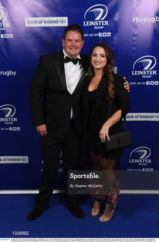 29 April 2017; On arrival at the Leinster Rugby Awards Ball were Gary Nolan and Kate Buckley. The Awards, MC’d by Darragh Maloney, were a celebration of the 2016/17 Leinster Rugby season to date and over the course of the evening Leinster Rugby acknowledged the contributions of retirees Mike Ross, Eóin Reddan and Luke Fitzgerald as well as presenting Leinster Rugby caps to departees Bill Dardis, Hayden Triggs, Mike McCarthy, Zane Kirchner and Dominic Ryan. Former Leinster Rugby team doctor Professor Arthur Tanner was posthumously inducted into the Guinness Hall of Fame. Some of the Award winners on the night included; Gonzaga College (Deep River Rock School of the Year), David Hicks, De La Salle Palmerston (Beauchamps Contribution to Leinster Rugby Award), Clontarf FC (CityJet Senior Club of the Year), Coláiste Chill Mhantáin (Irish Independent Development School of the Year Award), Athy RFC (Bank of Ireland Junior Club of the Year). Clayton Hotel, Burlington Road, Dublin 4. Photo by Stephen McCarthy/Sportsfile