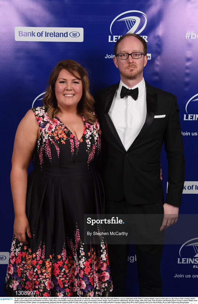 29 April 2017; On arrival at the Leinster Rugby Awards Ball were Orlagh Ní Chorcorain and Kevin Murphy. The Awards, MC’d by Darragh Maloney, were a celebration of the 2016/17 Leinster Rugby season to date and over the course of the evening Leinster Rugby acknowledged the contributions of retirees Mike Ross, Eóin Reddan and Luke Fitzgerald as well as presenting Leinster Rugby caps to departees Bill Dardis, Hayden Triggs, Mike McCarthy, Zane Kirchner and Dominic Ryan. Former Leinster Rugby team doctor Professor Arthur Tanner was posthumously inducted into the Guinness Hall of Fame. Some of the Award winners on the night included; Gonzaga College (Deep River Rock School of the Year), David Hicks, De La Salle Palmerston (Beauchamps Contribution to Leinster Rugby Award), Clontarf FC (CityJet Senior Club of the Year), Coláiste Chill Mhantáin (Irish Independent Development School of the Year Award), Athy RFC (Bank of Ireland Junior Club of the Year). Clayton Hotel, Burlington Road, Dublin 4. Photo by Stephen McCarthy/Sportsfile
