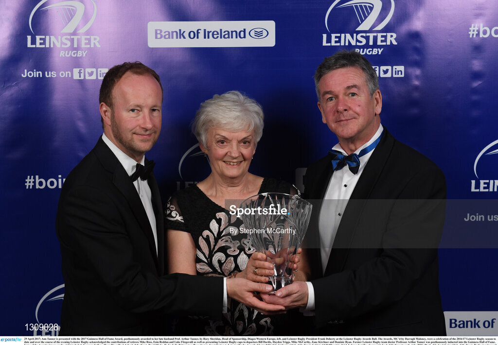 29 April 2017; Ann Tanner is presented with the 2017 Guinness Hall of Fame Award, posthumously awarded to her late husband Prof. Arthur Tanner, by Rory Sheridan, Head of Sponsorship, Diageo Western Europe, left, and Leinster Rugby President Frank Doherty at the Leinster Rugby Awards Ball. The Awards, MC’d by Darragh Maloney, were a celebration of the 2016/17 Leinster Rugby season to date and over the course of the evening Leinster Rugby acknowledged the contributions of retirees Mike Ross, Eóin Reddan and Luke Fitzgerald as well as presenting Leinster Rugby caps to departees Bill Dardis, Hayden Triggs, Mike McCarthy, Zane Kirchner and Dominic Ryan. Former Leinster Rugby team doctor Professor Arthur Tanner was posthumously inducted into the Guinness Hall of Fame. Some of the Award winners on the night included; Gonzaga College (Deep River Rock School of the Year), David Hicks, De La Salle Palmerston (Beauchamps Contribution to Leinster Rugby Award), Clontarf FC (CityJet Senior Club of the Year), Coláiste Chill Mhantáin (Irish Independent Development School of the Year Award), Athy RFC (Bank of Ireland Junior Club of the Year). Professional award winners on the night included Laya Healthcare Young Player of the Year - Joey Carbery, Life Style Sports Supporters Player of the Year - Isa Nacewa, Canterbury Tackle of the Year – Isa Nacewa, Irish Independnet Try of the Year – Adam Byrne and Bank of Ireland Players’ Player of the Year – Luke McGrath. Clayton Hotel, Burlington Road, Dublin 4. Photo by Stephen McCarthy/Sportsfile