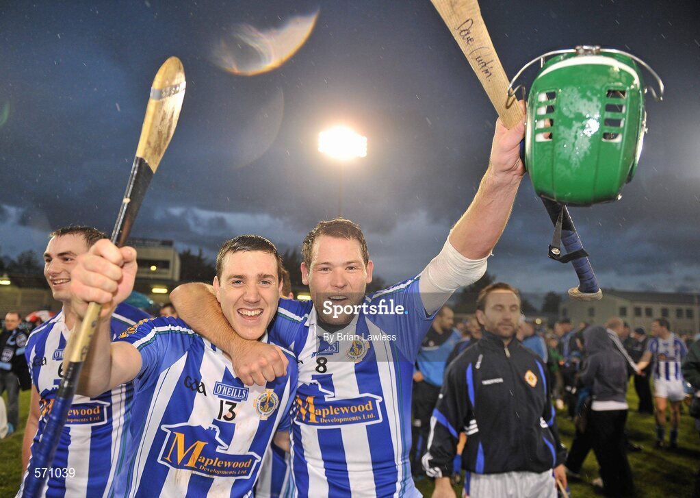 30 October 2011; Ballyboden St Enda's players David Curtin and Paul Ryan, left, celebrate after the match. Dublin County Senior Huling Championship Final, Ballyboden St Enda's v O'Toole's, Parnell Park, Dublin. Picture credit: Brian Lawless / SPORTSFILE