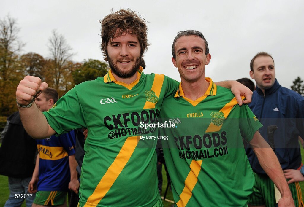 30 October 2011; Ross Murphy, left, and Ronan Kelly, right, Kill, celebrate victory after the game. Intermediate B Championship Final, Kill v Confey, Naas GAA Ground, Co. Kildare. Picture credit: Barry Cregg / SPORTSFILE
