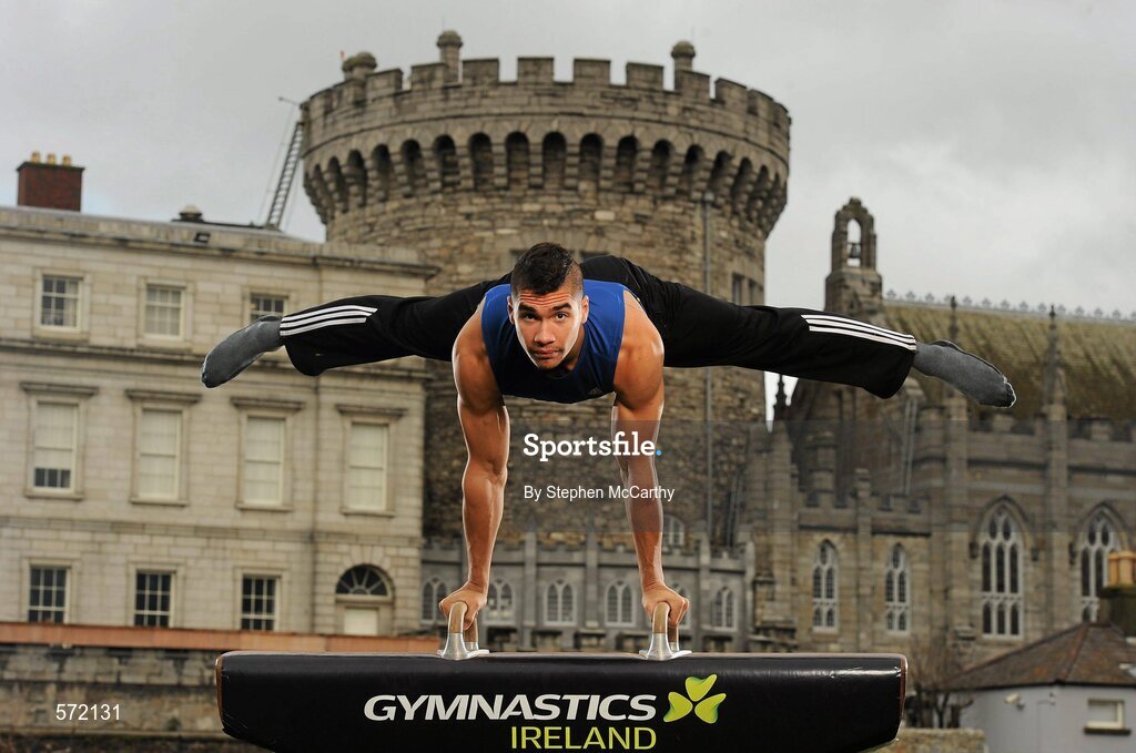 3 November 2011; At the re-launch of Gymnastics Ireland, a dynamic new brand identity for the sport in Ireland, is Olympic and World medalist gymnast, Louis Smith. The London 2012 gold medal hopeful was in Ireland to help promote the sport and Gymnastics Ireland's brand transformation that included the launch of a new website, www.gymnasticsireland.com, Facebook Page, Gymnastics Ireland, and Twitter account @gymnasticsire. Dublin Castle, Dublin. Picture credit: Stephen McCarthy / SPORTSFILE