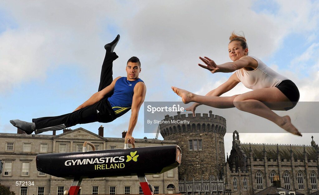 3 November 2011; At the re-launch of Gymnastics Ireland, a dynamic new brand identity for the sport in Ireland, is Olympic and World medalist gymnast, Louis Smith, with one of Ireland's leading female gymnasts Emma Lunn. Smith, a London 2012 gold medal hopeful, was in Ireland to help promote the sport and Gymnastics Ireland's brand transformation that included the launch of a new website, www.gymnasticsireland.com, Facebook Page, Gymnastics Ireland, and Twitter account @gymnasticsire. Dublin Castle, Dublin. Picture credit: Stephen McCarthy / SPORTSFILE