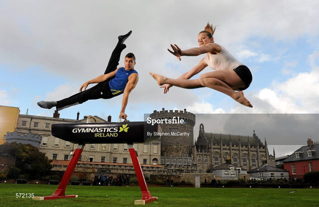 3 November 2011; At the re-launch of Gymnastics Ireland, a dynamic new brand identity for the sport in Ireland, is Olympic and World medalist gymnast, Louis Smith, with one of Ireland's leading female gymnasts Emma Lunn. Smith, a London 2012 gold medal hopeful, was in Ireland to help promote the sport and Gymnastics Ireland's brand transformation that included the launch of a new website, www.gymnasticsireland.com, Facebook Page, Gymnastics Ireland, and Twitter account @gymnasticsire. Dublin Castle, Dublin. Picture credit: Stephen McCarthy / SPORTSFILE