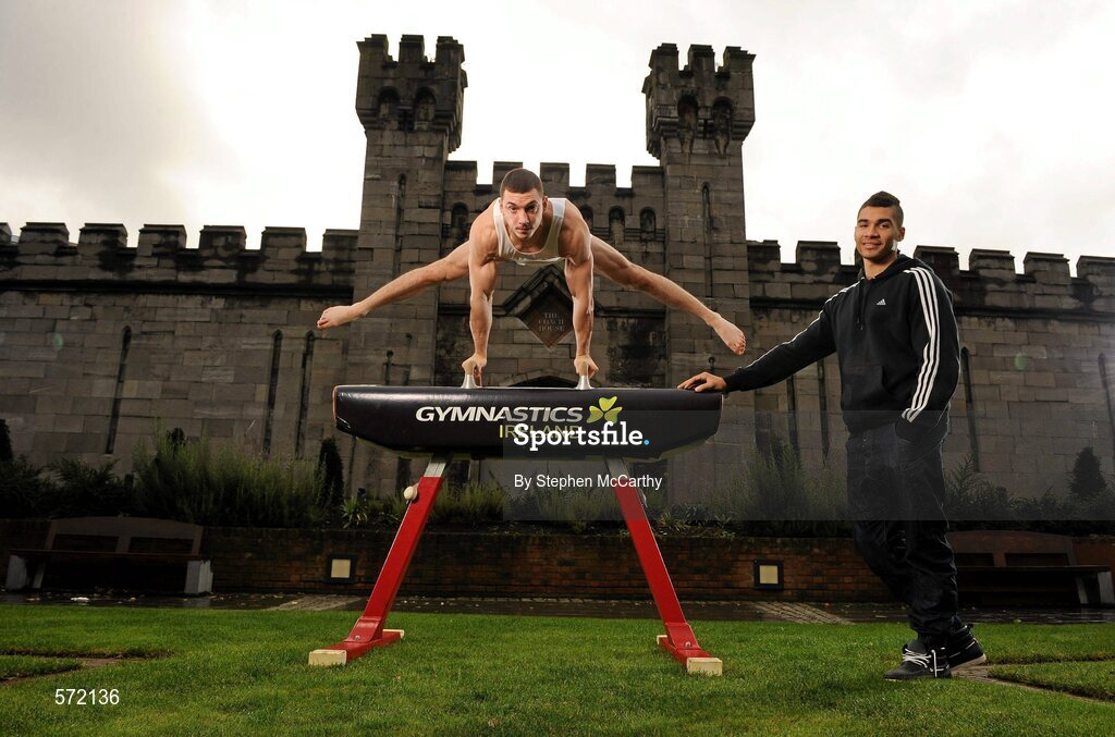 3 November 2011; At the re-launch of Gymnastics Ireland, a dynamic new brand identity for the sport in Ireland, is Olympic and World medalist gymnast, Louis Smith, right, with Irish Men's star Luke Carson. Smith, a London 2012 gold medal hopeful, was in Ireland to help promote the sport and Gymnastics Ireland's brand transformation that included the launch of a new website, www.gymnasticsireland.com, Facebook Page, Gymnastics Ireland, and Twitter account @gymnasticsire. Dublin Castle, Dublin. Picture credit: Stephen McCarthy / SPORTSFILE