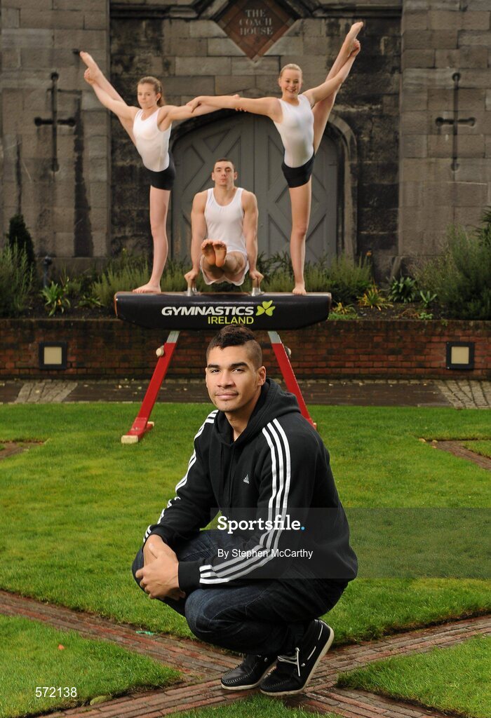 3 November 2011; At the re-launch of Gymnastics Ireland, a dynamic new brand identity for the sport in Ireland, is Olympic and World medalist gymnast, Louis Smith, right, with Irish gymnasts, from left, leading female gymnast Emma Lunn, Irish Men's star Luke Carson, and Irish Rhythmic athlete Aisling McGovern. Smith, a London 2012 gold medal hopeful, was in Ireland to help promote the sport and Gymnastics Ireland's brand transformation that included the launch of a new website, www.gymnasticsireland.com, Facebook Page, Gymnastics Ireland and Twitter account @gymnasticsire. Dublin Castle, Dublin. Picture credit: Stephen McCarthy / SPORTSFILE