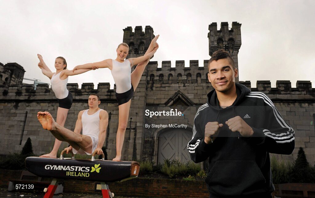 3 November 2011; At the re-launch of Gymnastics Ireland, a dynamic new brand identity for the sport in Ireland, is Olympic and World medalist gymnast, Louis Smith, right, with Irish gymnasts, from left, leading female gymnast Emma Lunn, Irish Men's star Luke Carson, and Irish Rhythmic athlete Aisling McGovern. Smith, a London 2012 gold medal hopeful, was in Ireland to help promote the sport and Gymnastics Ireland's brand transformation that included the launch of a new website, www.gymnasticsireland.com, Facebook Page, Gymnastics Ireland, and Twitter account @gymnasticsire. Dublin Castle, Dublin. Picture credit: Stephen McCarthy / SPORTSFILE