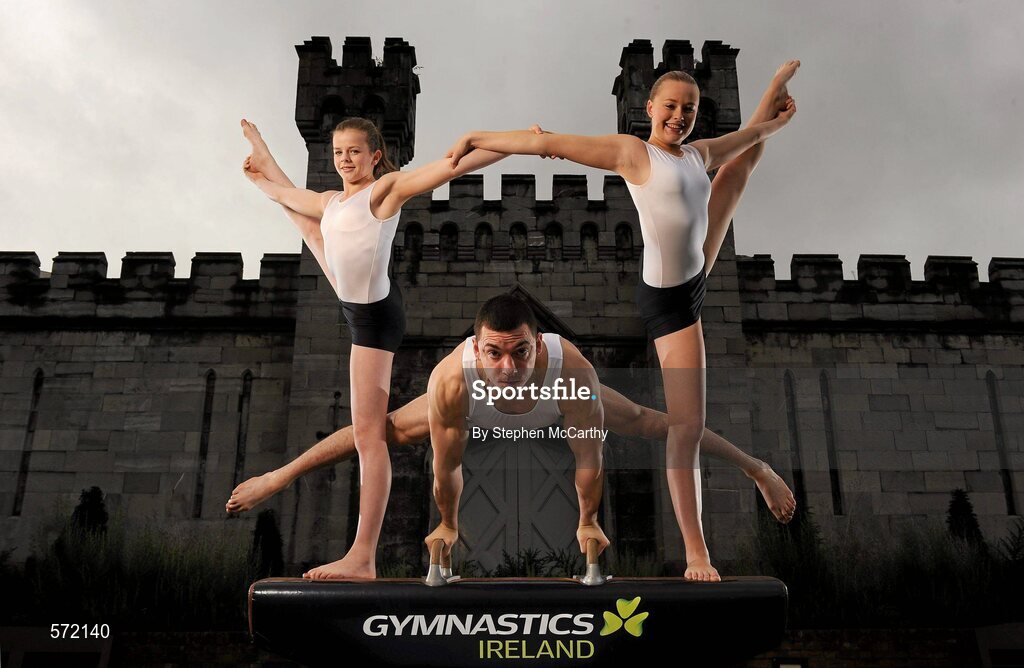 3 November 2011; At the re-launch of Gymnastics Ireland, a dynamic new brand identity for the sport in Ireland, are Irish gymnasts, from left, leading female gymnast Emma Lunn, Irish Men's star Luke Carson, and Irish Rhythmic athlete Aisling McGovern. The gymnasts were in attendance to promote the sport and Gymnastics Ireland's brand transformation that included the launch of a new website, www.gymnasticsireland.com, Facebook Page, Gymnastics Ireland, and Twitter account @gymnasticsire. Dublin Castle, Dublin. Picture credit: Stephen McCarthy / SPORTSFILE