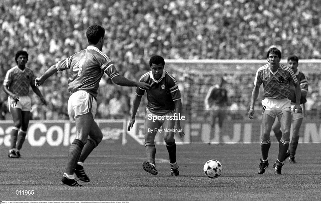18 June 1988; Paul McGrath of Republic of Ireland during the Euro 1988 Group B match during the UEFA European Football Championship Finals Group B match between Republic of Ireland and Netherlands at Parkstadion in Gelsenkirchen, Germany. Photo by Ray McManus/Sportsfile
