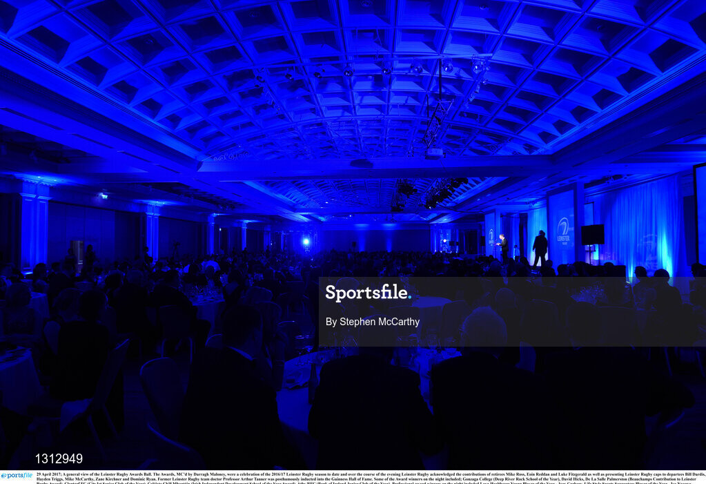 29 April 2017; A general view of the Leinster Rugby Awards Ball. The Awards, MC’d by Darragh Maloney, were a celebration of the 2016/17 Leinster Rugby season to date and over the course of the evening Leinster Rugby acknowledged the contributions of retirees Mike Ross, Eóin Reddan and Luke Fitzgerald as well as presenting Leinster Rugby caps to departees Bill Dardis, Hayden Triggs, Mike McCarthy, Zane Kirchner and Dominic Ryan. Former Leinster Rugby team doctor Professor Arthur Tanner was posthumously inducted into the Guinness Hall of Fame. Some of the Award winners on the night included; Gonzaga College (Deep River Rock School of the Year), David Hicks, De La Salle Palmerston (Beauchamps Contribution to Leinster Rugby Award), Clontarf FC (CityJet Senior Club of the Year), Coláiste Chill Mhantáin (Irish Independent Development School of the Year Award), Athy RFC (Bank of Ireland Junior Club of the Year). Professional award winners on the night included Laya Healthcare Young Player of the Year - Joey Carbery, Life Style Sports Supporters Player of the Year - Isa Nacewa, Canterbury Tackle of the Year – Isa Nacewa, Irish Independnet Try of the Year – Adam Byrne and Bank of Ireland Players’ Player of the Year – Luke McGrath. Clayton Hotel, Burlington Road, Dublin 4. Photo by Stephen McCarthy/Sportsfile