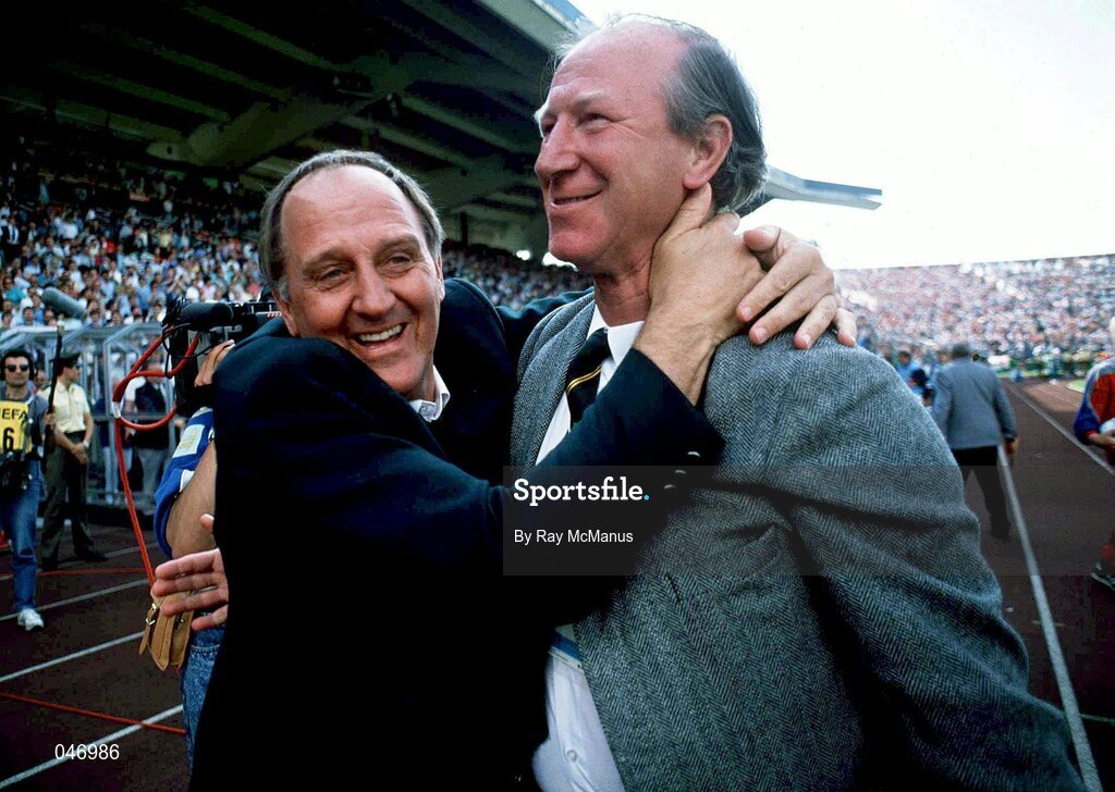 12 June 1988; Republic of Ireland manager Jack Charlton, right, and assistant manager Maurice Setters celebrate at the final whistle of the UEFA European Football Championship Finals Group B match between England and Republic of Ireland at Neckarstadion in Stuttgart, Germany. Photo by Ray McManus/Sportsfile