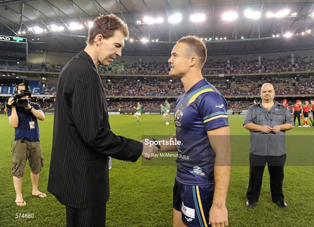 28 October 2011; Jim Stynes shakes hands with Australia's Brad Green, right, before the game. International Rules 1st Test, Australia v Ireland, Etihad Stadium, Melbourne, Australia. Picture credit: Ray McManus / SPORTSFILE
