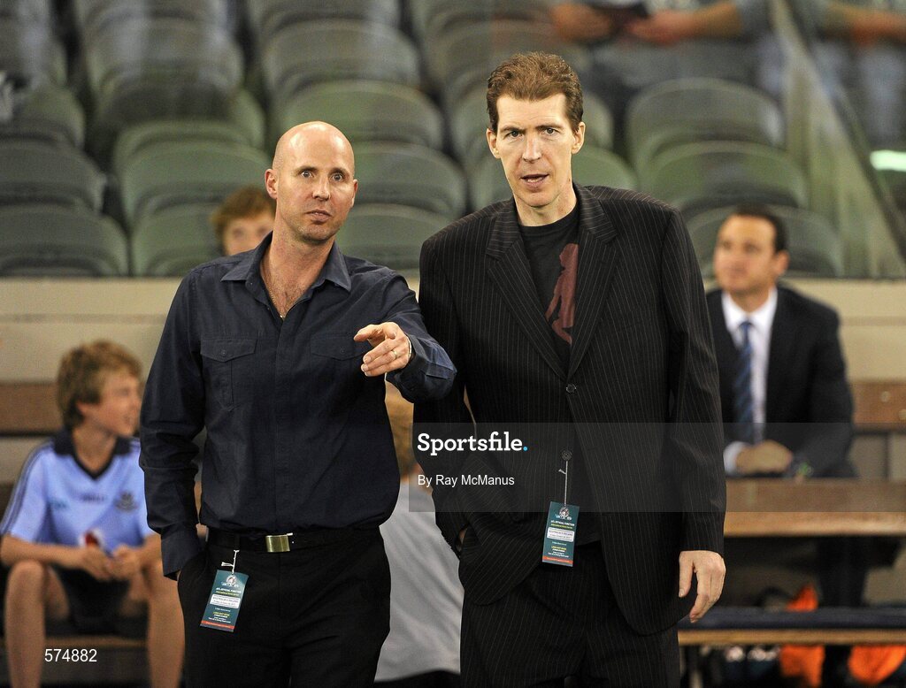 28 October 2011; Brian Stynes and Jim Stynes, right, before the game. International Rules 1st Test, Australia v Ireland, Etihad Stadium, Melbourne, Australia. Picture credit: Ray McManus / SPORTSFILE