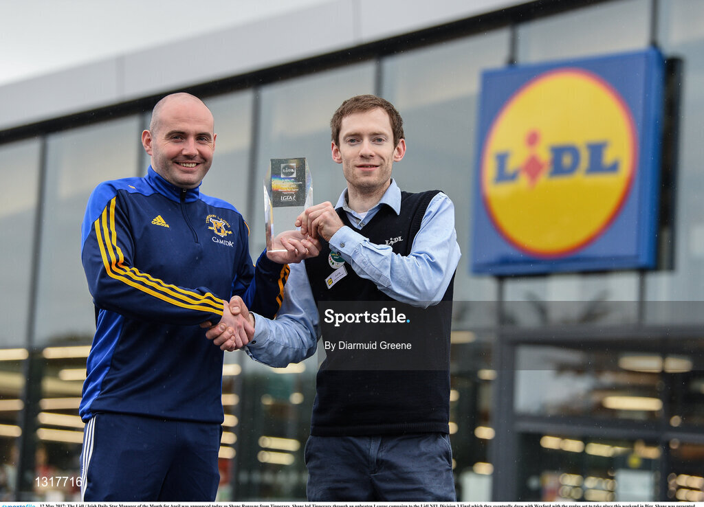 12 May 2017; The Lidl / Irish Daily Star Manager of the Month for April was announced today as Shane Ronayne from Tipperary. Shane led Tipperary through an unbeaten League campaign to the Lidl NFL Division 3 Final which they eventually drew with Wexford with the replay set to take place this weekend in Birr. Shane was presented with the award by Yuris Akerbergs, Deputy Manager Lidl Clonmel. Lidl, Clonmel, Co. Tipperary. Photo by Diarmuid Greene/Sportsfile