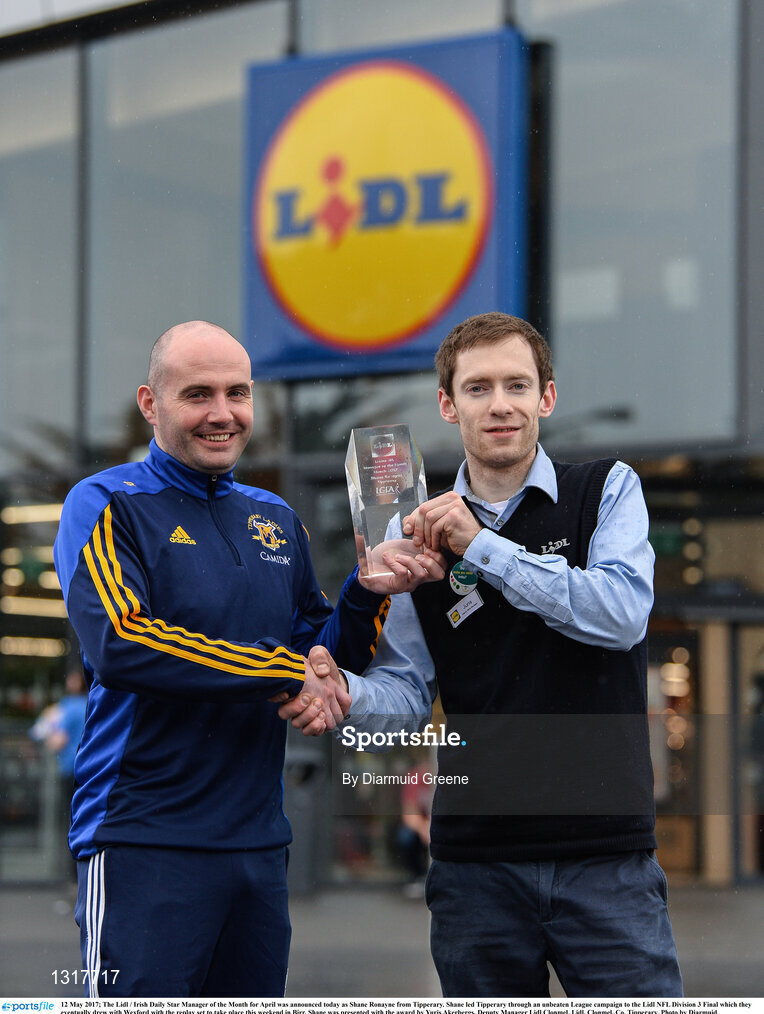 12 May 2017; The Lidl / Irish Daily Star Manager of the Month for April was announced today as Shane Ronayne from Tipperary. Shane led Tipperary through an unbeaten League campaign to the Lidl NFL Division 3 Final which they eventually drew with Wexford with the replay set to take place this weekend in Birr. Shane was presented with the award by Yuris Akerbergs, Deputy Manager Lidl Clonmel. Lidl, Clonmel, Co. Tipperary. Photo by Diarmuid Greene/Sportsfile