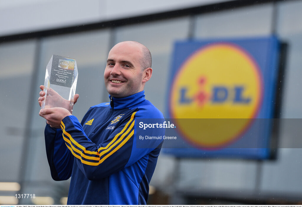 12 May 2017; The Lidl / Irish Daily Star Manager of the Month for April was announced today as Shane Ronayne from Tipperary. Shane led Tipperary through an unbeaten League campaign to the Lidl NFL Division 3 Final which they eventually drew with Wexford with the replay set to take place this weekend in Birr. Shane was presented with the award by Yuris Akerbergs, Deputy Manager Lidl Clonmel. Lidl, Clonmel, Co. Tipperary. Photo by Diarmuid Greene/Sportsfile