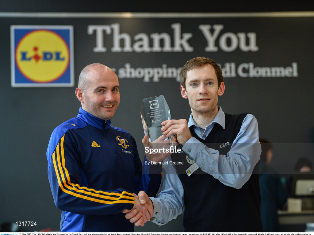 12 May 2017; The Lidl / Irish Daily Star Manager of the Month for April was announced today as Shane Ronayne from Tipperary. Shane led Tipperary through an unbeaten League campaign to the Lidl NFL Division 3 Final which they eventually drew with Wexford with the replay set to take place this weekend in Birr. Shane was presented with the award by Yuris Akerbergs, Deputy Manager Lidl Clonmel. Lidl, Clonmel, Co. Tipperary. Photo by Diarmuid Greene/Sportsfile