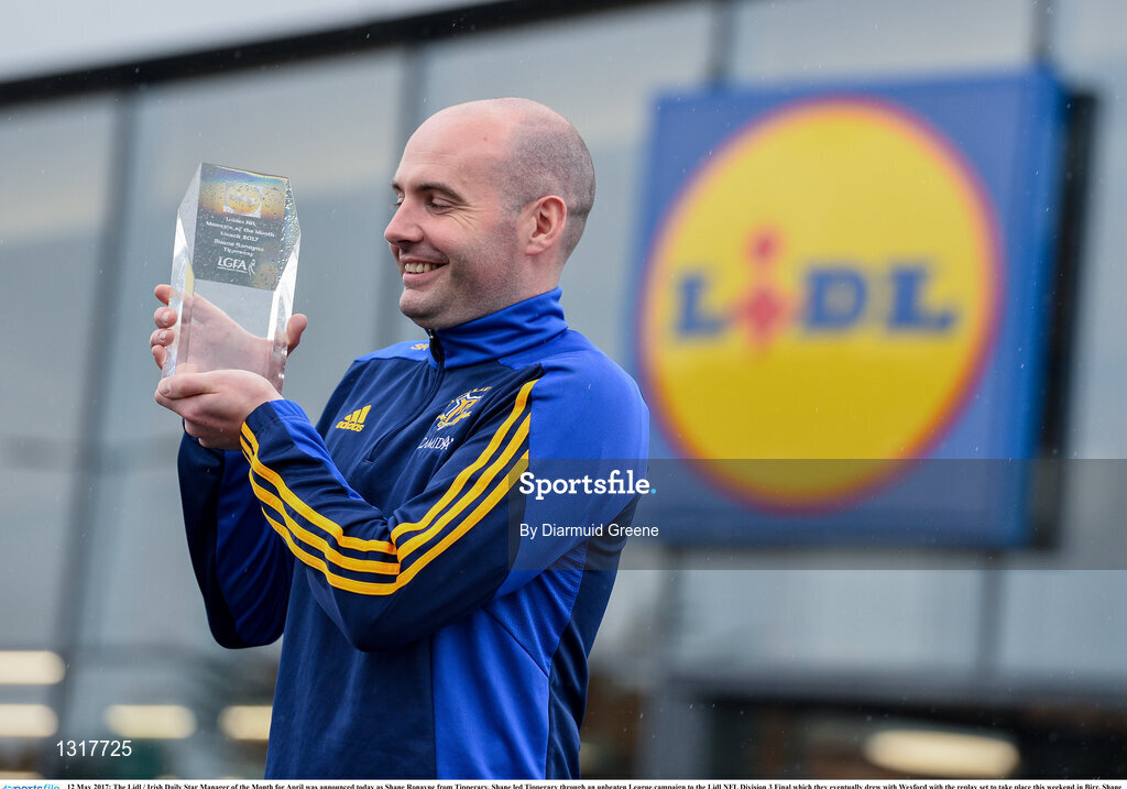 12 May 2017; The Lidl / Irish Daily Star Manager of the Month for April was announced today as Shane Ronayne from Tipperary. Shane led Tipperary through an unbeaten League campaign to the Lidl NFL Division 3 Final which they eventually drew with Wexford with the replay set to take place this weekend in Birr. Shane was presented with the award by Yuris Akerbergs, Deputy Manager Lidl Clonmel. Lidl, Clonmel, Co. Tipperary. Photo by Diarmuid Greene/Sportsfile