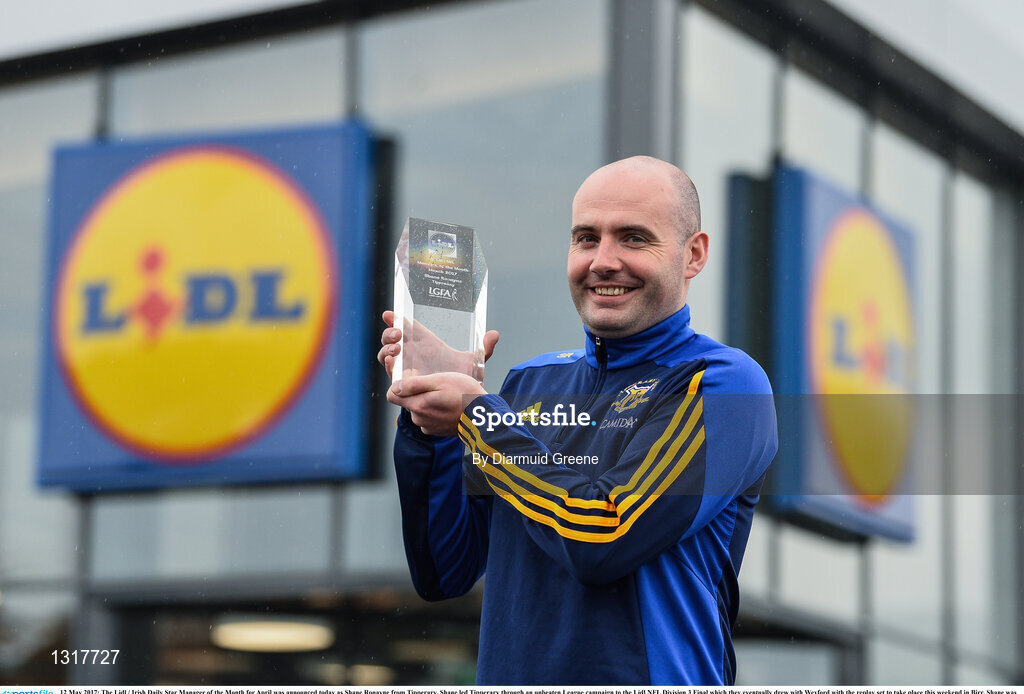 12 May 2017; The Lidl / Irish Daily Star Manager of the Month for April was announced today as Shane Ronayne from Tipperary. Shane led Tipperary through an unbeaten League campaign to the Lidl NFL Division 3 Final which they eventually drew with Wexford with the replay set to take place this weekend in Birr. Shane was presented with the award by Yuris Akerbergs, Deputy Manager Lidl Clonmel. Lidl, Clonmel, Co. Tipperary. Photo by Diarmuid Greene/Sportsfile