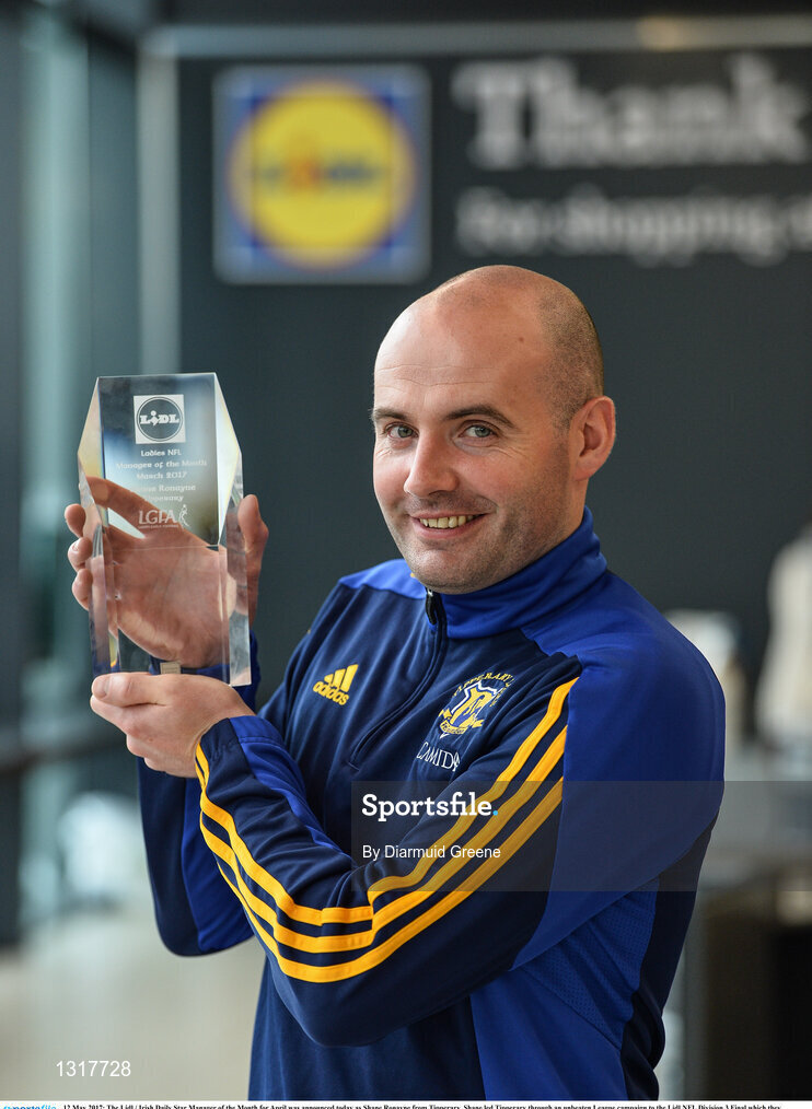 12 May 2017; The Lidl / Irish Daily Star Manager of the Month for April was announced today as Shane Ronayne from Tipperary. Shane led Tipperary through an unbeaten League campaign to the Lidl NFL Division 3 Final which they eventually drew with Wexford with the replay set to take place this weekend in Birr. Shane was presented with the award by Yuris Akerbergs, Deputy Manager Lidl Clonmel. Lidl, Clonmel, Co. Tipperary. Photo by Diarmuid Greene/Sportsfile