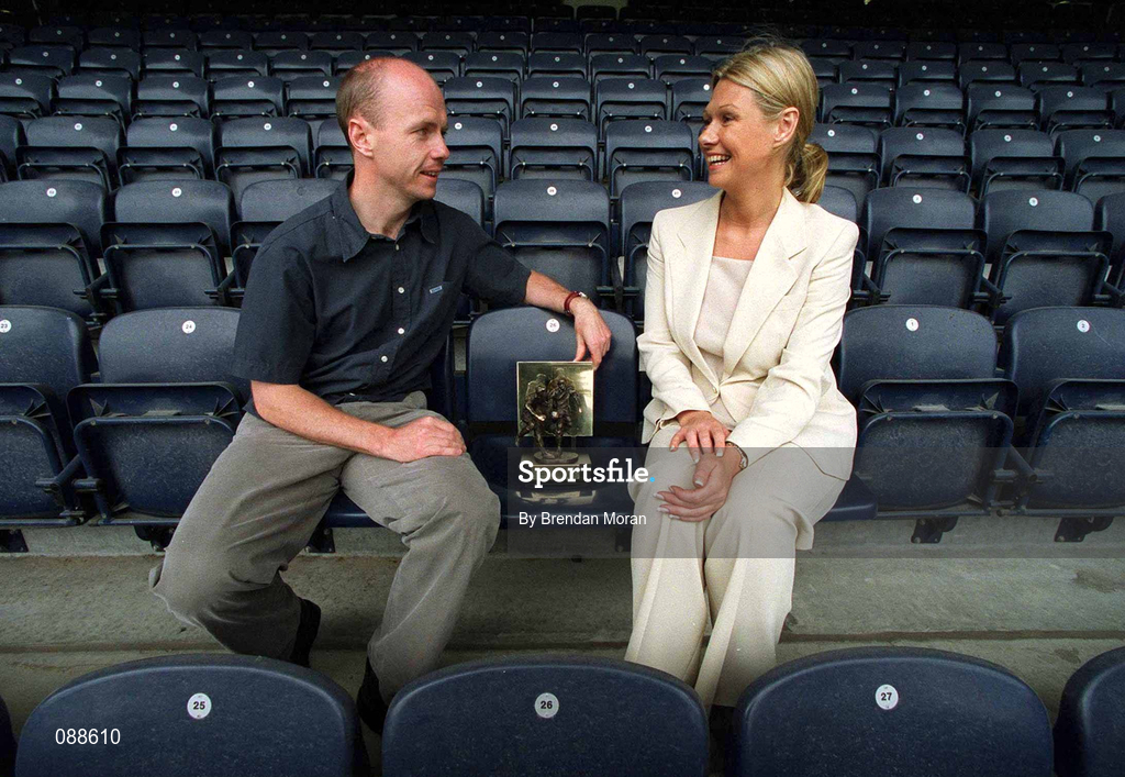 21 May 2002; Tyrone's Peter Canavan is presented with his Vodafone GAA All-Stars Player of the Month award for April by Tara Delaney, Communications Director of Vodafone, at Croke Park in Dublin. It was his second award of the year, having previously received the award for February 2002. Photo by Brendan Moran/Sportsfile