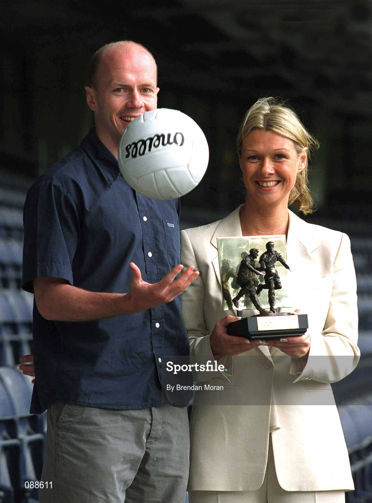 21 May 2002; Tyrone's Peter Canavan is presented with his Vodafone GAA All-Stars Player of the Month award for April by Tara Delaney, Communications Director of Vodafone, at Croke Park in Dublin. It was his second award of the year, having previously received the award for February 2002. Photo by Brendan Moran/Sportsfile