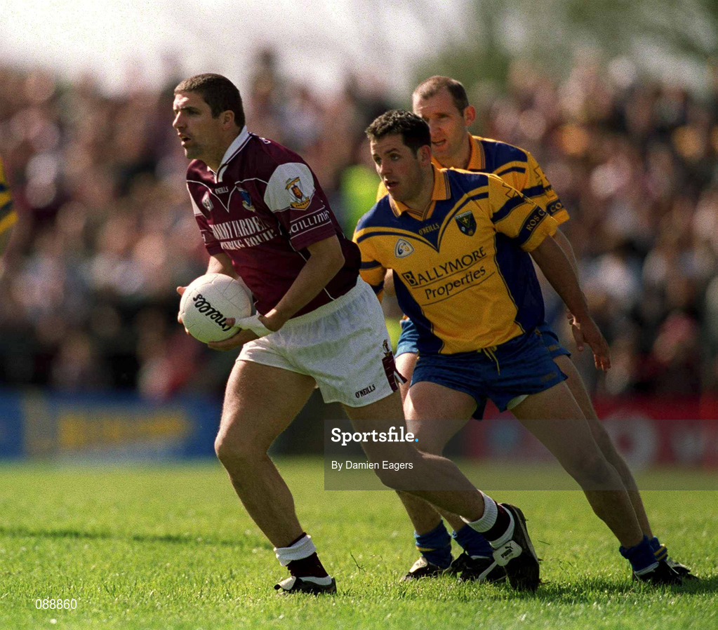 19 May 2002; Kevin Walsh of Galway in action against Francie Grehan of Roscommon during the Bank of Ireland Connacht Senior Football Championship Quarter-Final match between Roscommon and Galway at Dr Hyde Park in Roscommon. Photo by Damien Eagers/Sportsfile