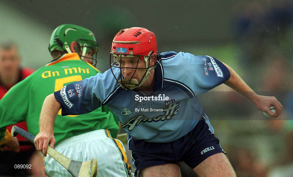 26 May 2002; Darragh Spain of Dublin goes past the tackle of Charlie Keena of Meath during the Guinness Leinster Senior Hurling Championship Quarter-Final match between Dublin and Meath at O'Connor Park in Tullamore, Offaly. Photo by Matt Browne/Sportsfile