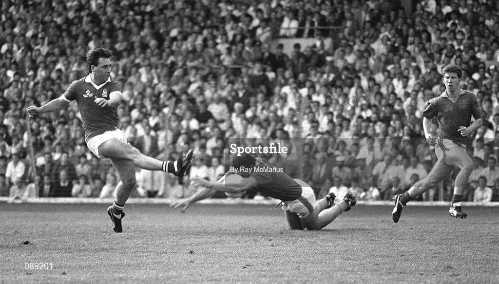 20 September 1987; Mick Lyons of Meath blocks a shot by Jimmy Kerrigan of Cork during the All-Ireland Senior Football Championship Final match between Meath and Cork at Croke Park in Dublin. Photo by Ray McManus/Sportsfile