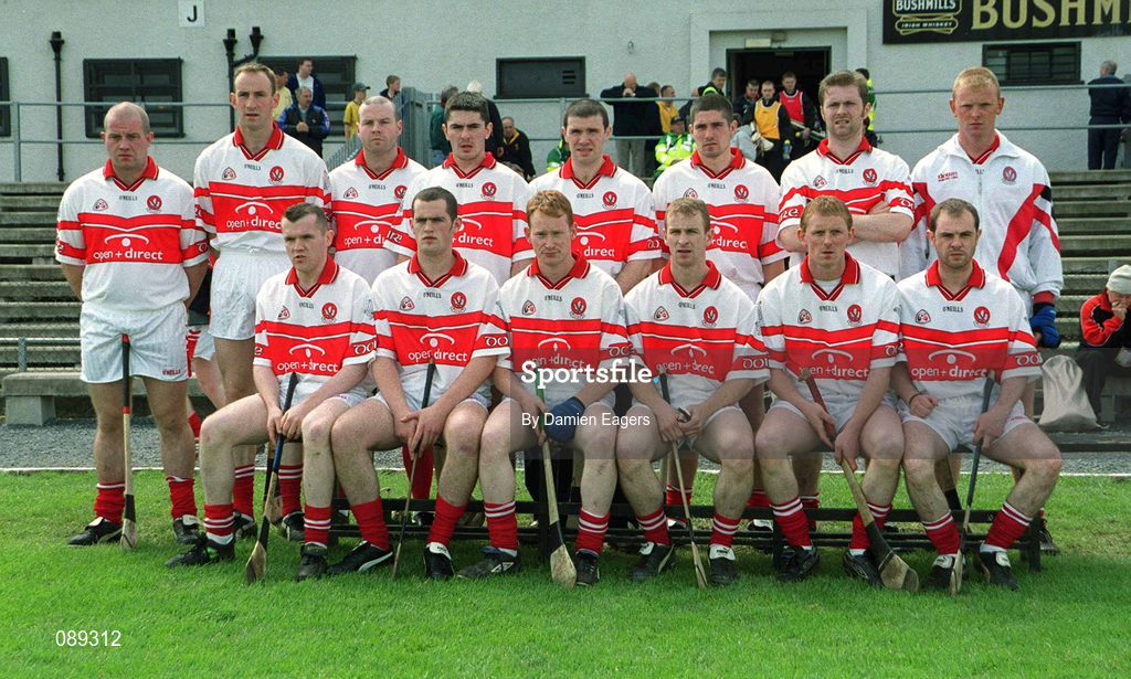 25 May 2002; The Derry panel prior to the Guinness Ulster Senior Hurling Championship Semi-Final match between Down and Derry at Casement Park in Belfast. Photo by Damien Eagers/Sportsfile