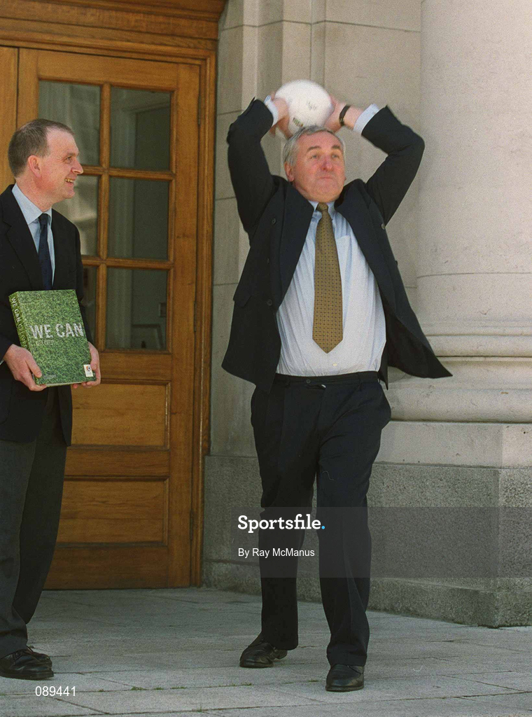 29 May 2002; An Taoiseach Bertie Ahern, T.D., right, and Bid Director John Henderson after signing the Scotland - Ireland UEFA Euro 2008 Bid at Government Buildings in Dublin. Photo by Ray McManus/Sportsfile