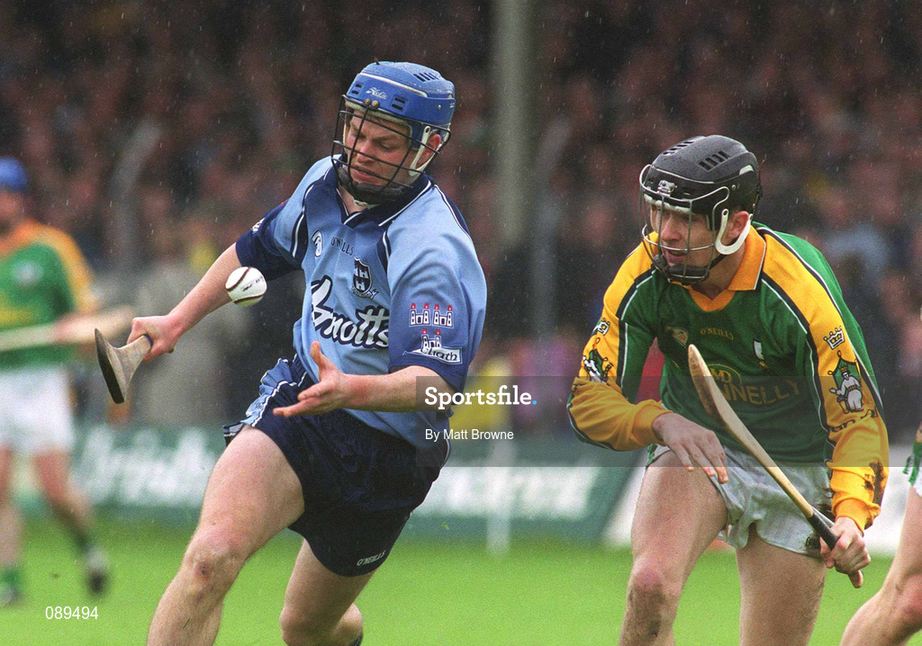 26 May 2002; Tomas McGrane of Dublin in action against Paul Gannon of Meath during the Guinness Leinster Senior Hurling Championship Quarter-Final match between Dublin and Meath at O'Connor Park in Tullamore, Offaly. Photo by Matt Browne/Sportsfile