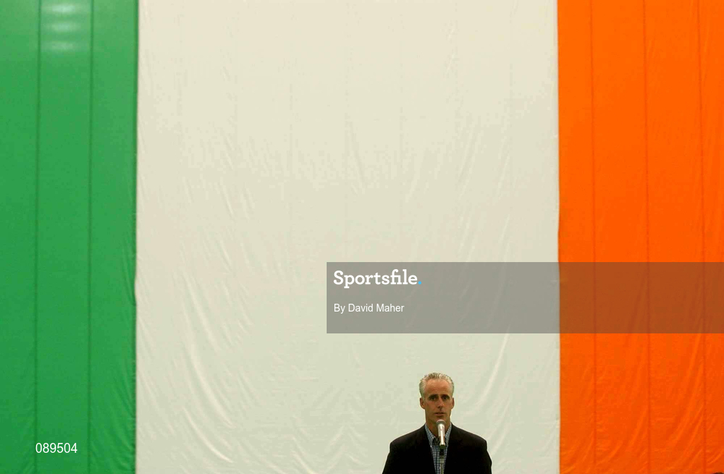 30 May 2002; Republic of Ireland manager Mick McCarthy address the crowd during a farewell ceremony at Izumo Sports Park in Izumo, Japan, ahead of their first FIFA World Cup 2002 Group E match against Cameroon. Photo by David Maher/Sportsfile